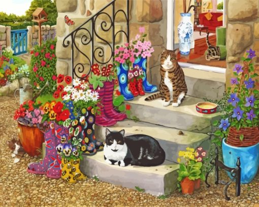 Cats In Home Garden Diamond Painting