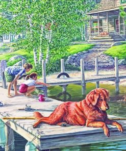 Dog On Lake Pier Diamond Painting