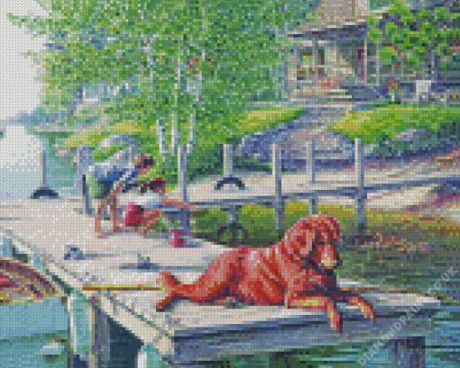 Dog On Lake Pier Diamond Painting