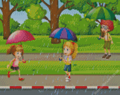 Kids Playing In Rain Diamond Painting