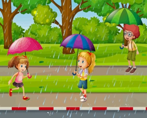 Kids Playing In Rain Diamond Painting