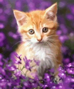 Kitten With Purple Flowers Diamond Painting