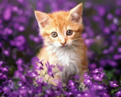 Kitten With Purple Flowers Diamond Painting