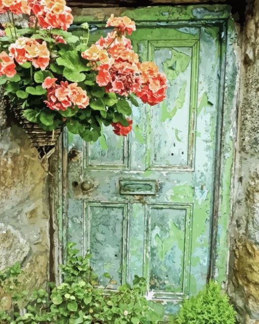 Old Door With Flowers Diamond Painting