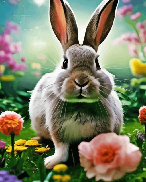 Bunny In Flower Field Diamond Painting