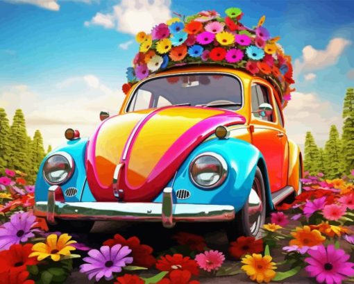 Colorful Car With Flowers Diamond Painting