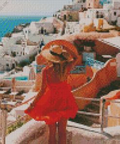 Blonde Girl In Santorini Diamond Painting