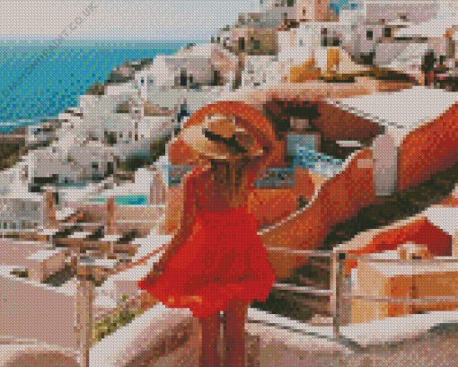 Blonde Girl In Santorini Diamond Painting