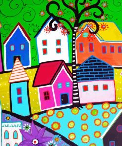 Colorful Folk Art Town Diamond Painting