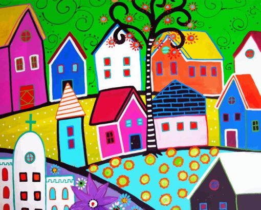 Colorful Folk Art Town Diamond Painting