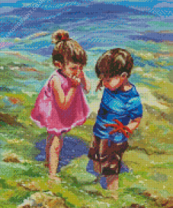 Siblings Playing On The Beach Diamond Painting