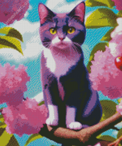 Purple Cat On Tree Diamond Painting