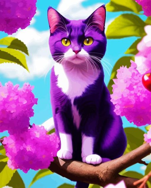 Purple Cat On Tree Diamond Painting